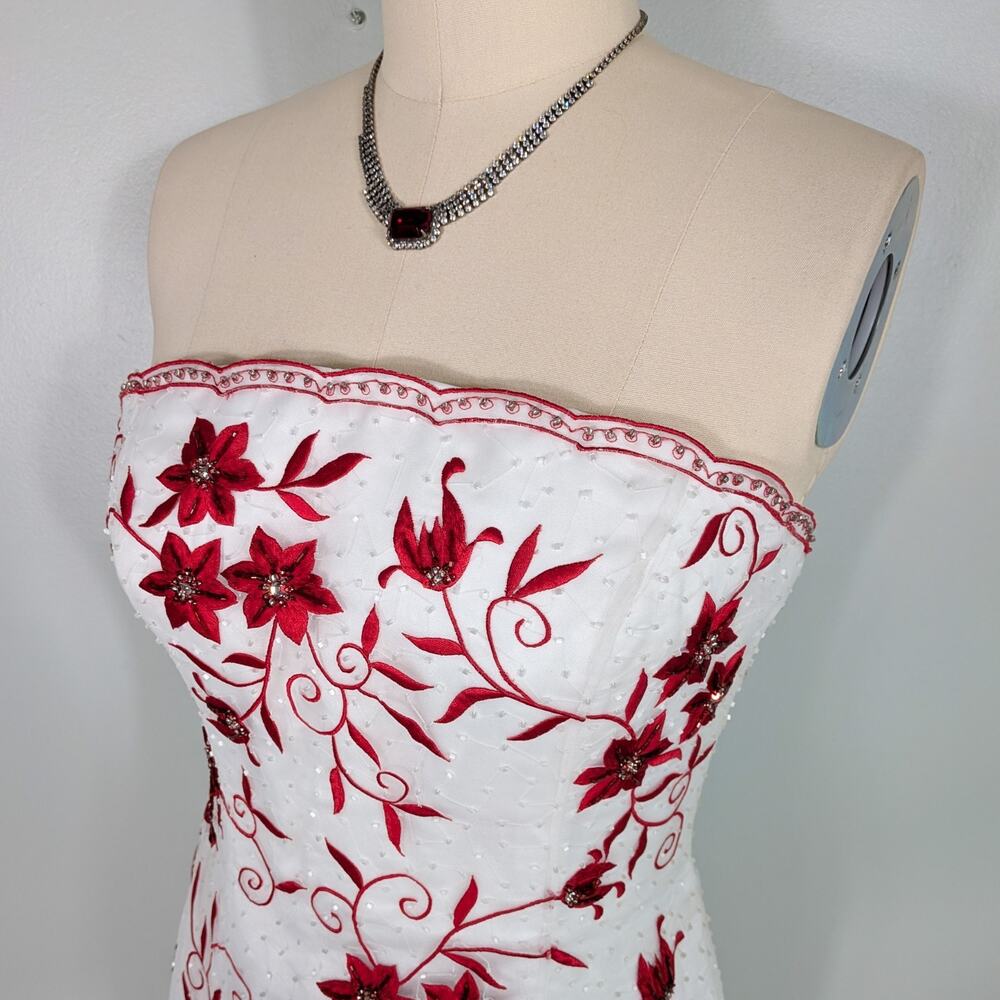 Vintage Cache Prom Dress Maxi Gown 10 White Red Floral Y2K Wedding Bride Glam - Picture 4 of 16